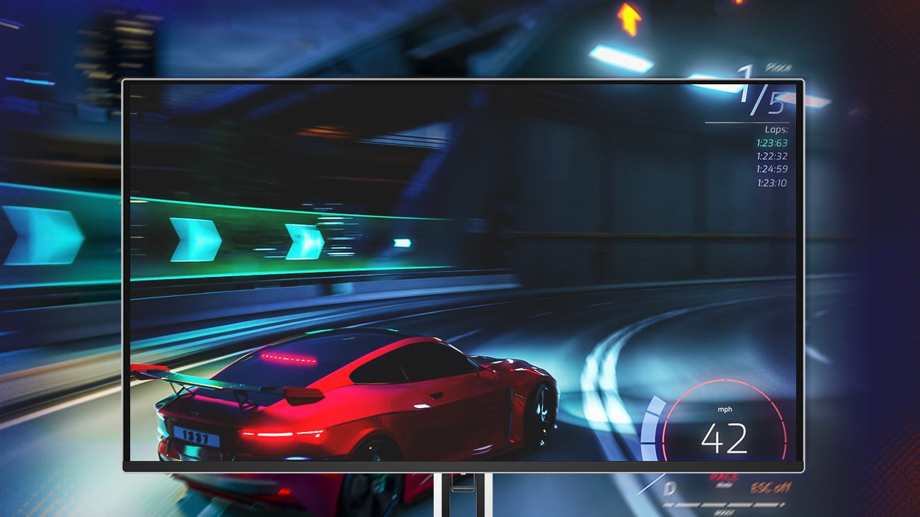 Monitor Lenovo Legion Pro 32UD-10, na ekranie tapeta z samochodem wyścigowym