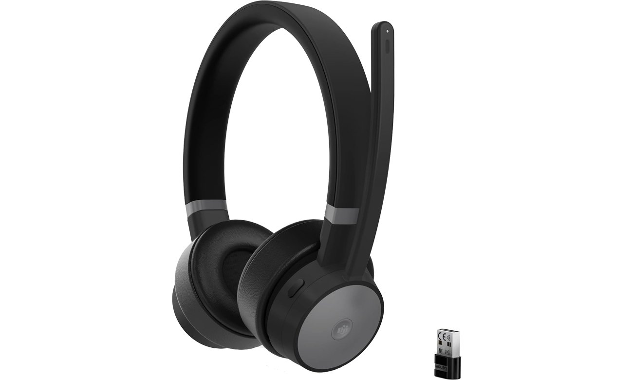 Zestaw słuchawkowy Lenovo Go Wireless ANC - Widok od przodu pod kątem wraz z adapterem USB-A