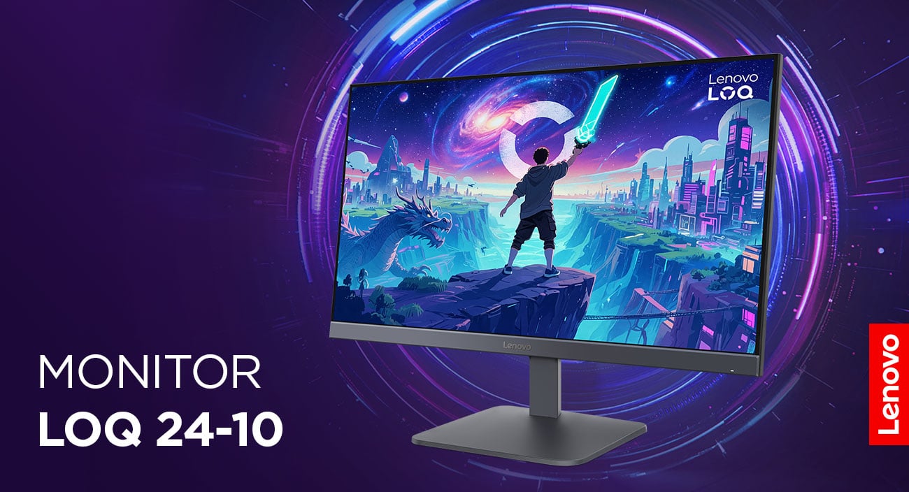 Monitor Lenovo LOQ 24-10 na fioletowym tle z grafiką gamingową na ekranie