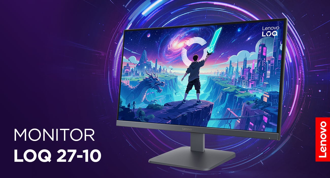 Monitor Lenovo LOQ 27-10 prezentujący dynamiczną grafikę z gier na fioletowym, futurystycznym tle