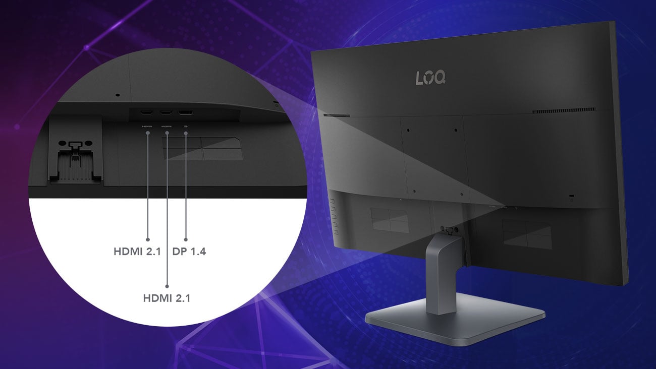 Widok złączy z tyłu monitora: dwa porty HDMI 2.1 (High-Definition Multimedia Interface) oraz jeden DisplayPort™ 1.4