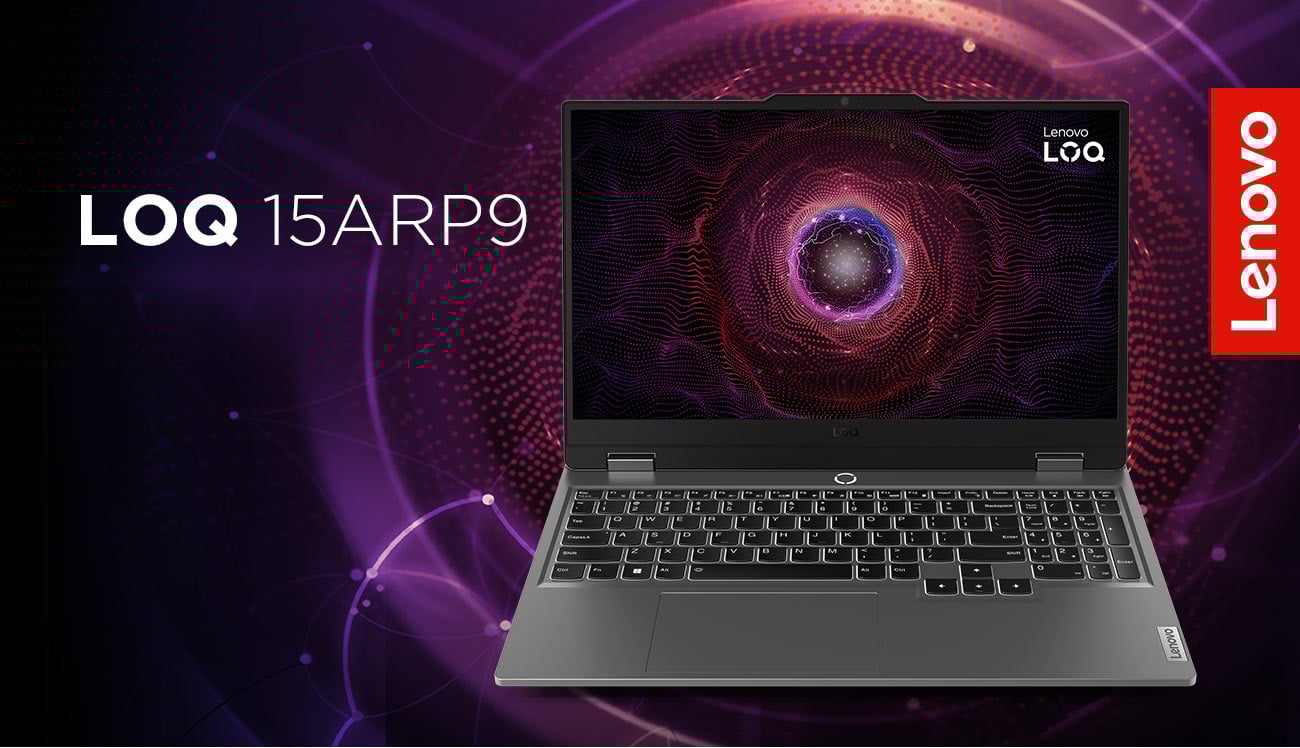 Otwarty laptop LOQ 15ARP9 z kolorową tapetą na ekranie