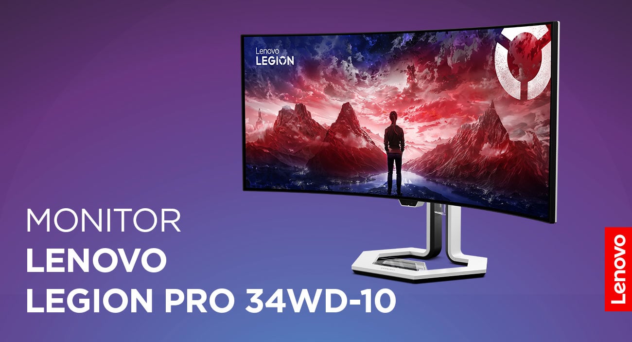 Monitor Lenovo Legion Pro 34WD-10 z wizualizacją gry komputerowej na ekranie