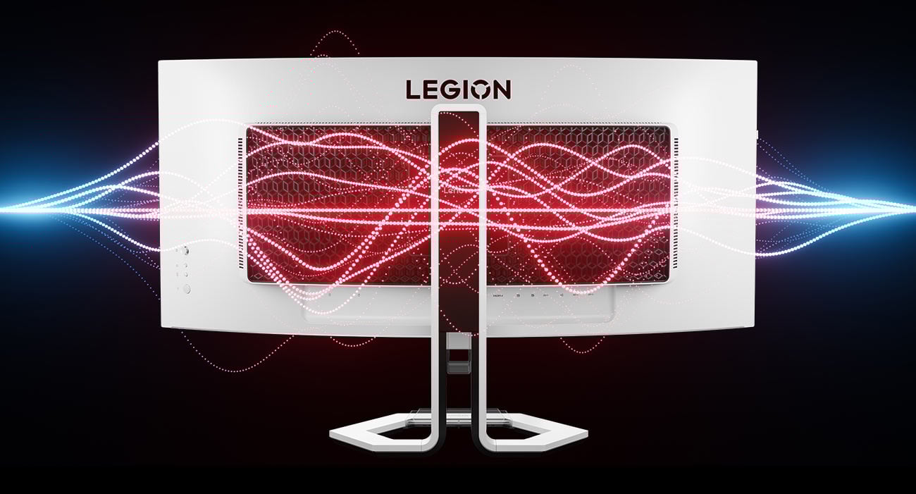 Monitor Lenovo Legion Pro 34WD-10 tyłem, kolorowe smugi światła przypominające fale dźwiękowe przechodzące przez monitor