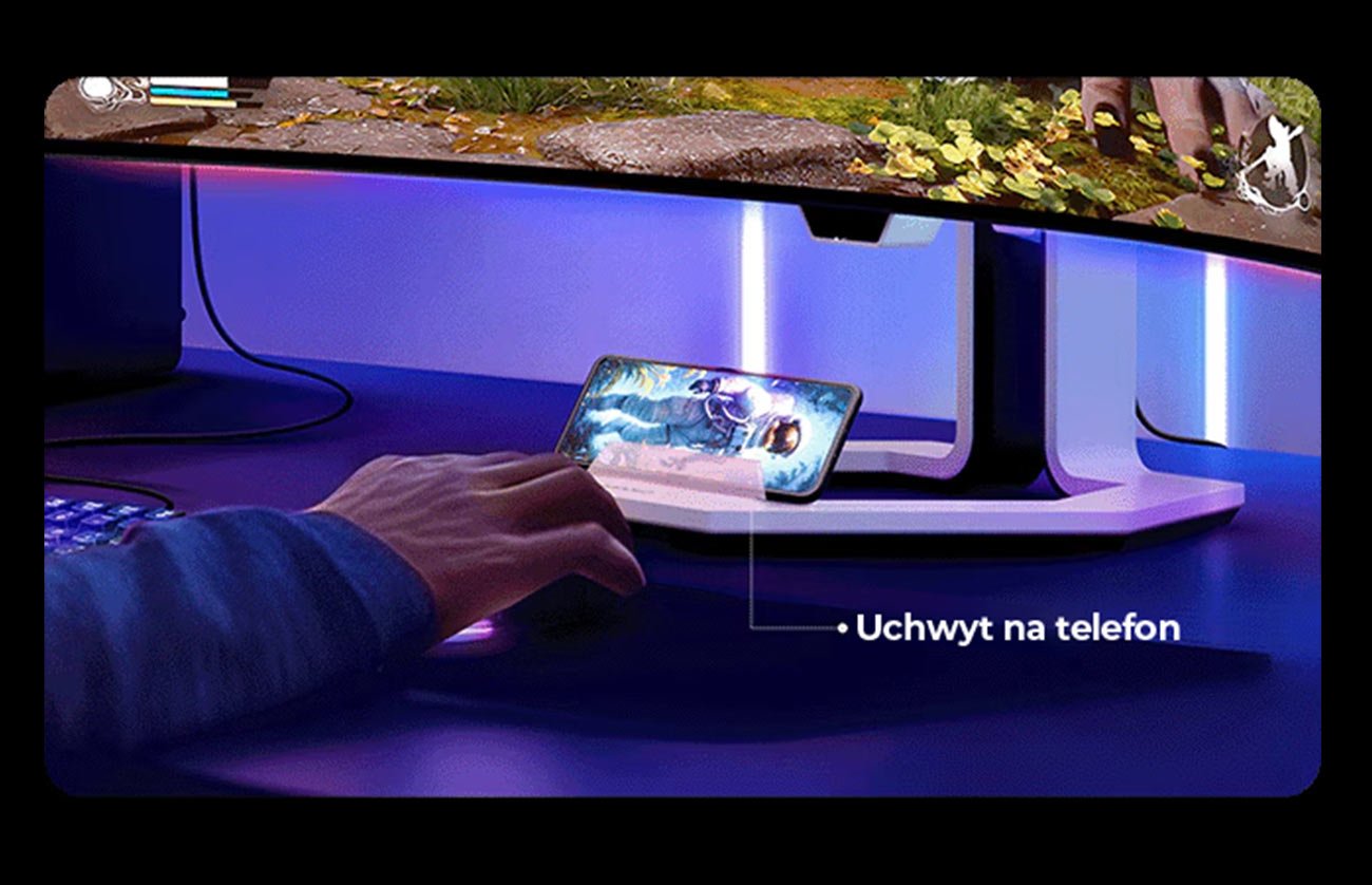 Monitor Lenovo Legion Pro 34WD-10 z uchwytem na telefon w dolnej części podstawy monitora