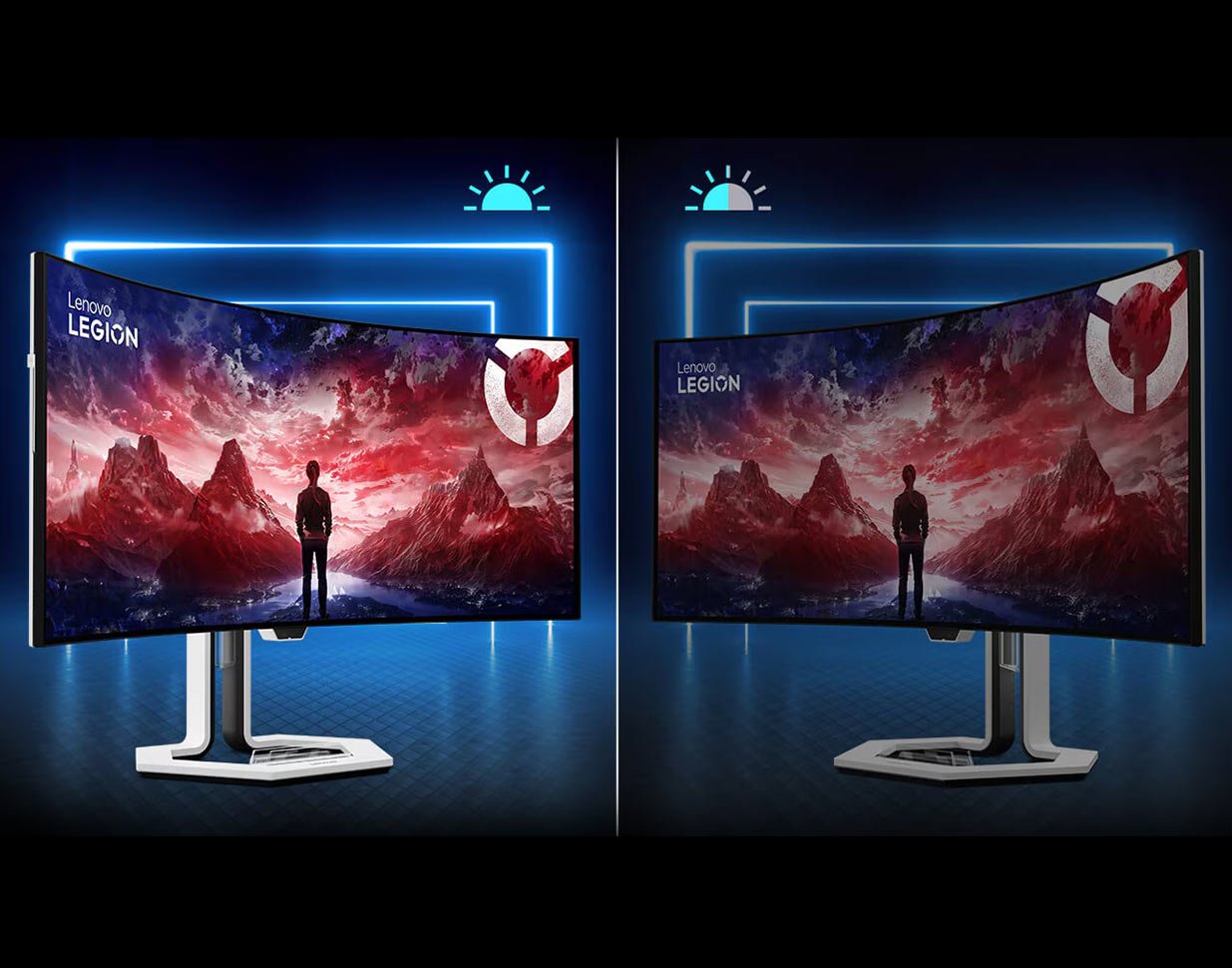 Monitor Lenovo Legion Pro 34WD-10 na biurku, pokazana funkcja inteligentnego wykrywania obecności człowieka przed monitorem