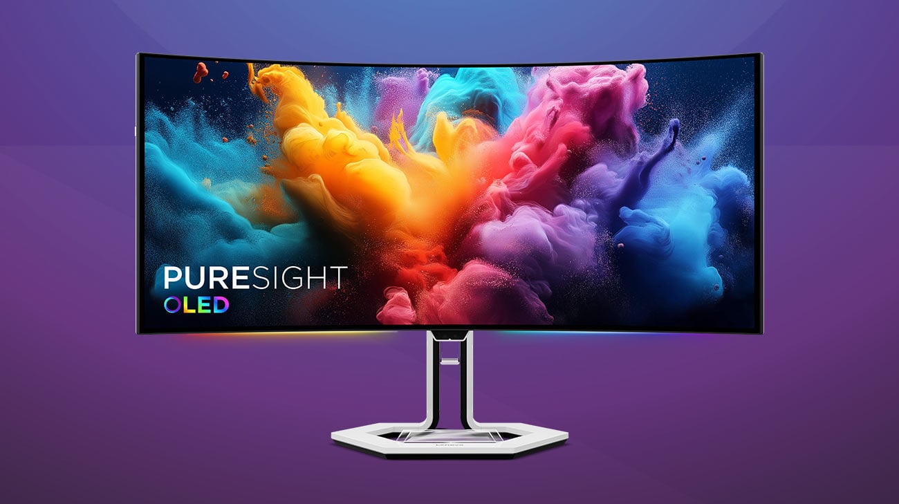 Monitor Lenovo Legion Pro 34WD-10 z kolorową tapetą na ekranie