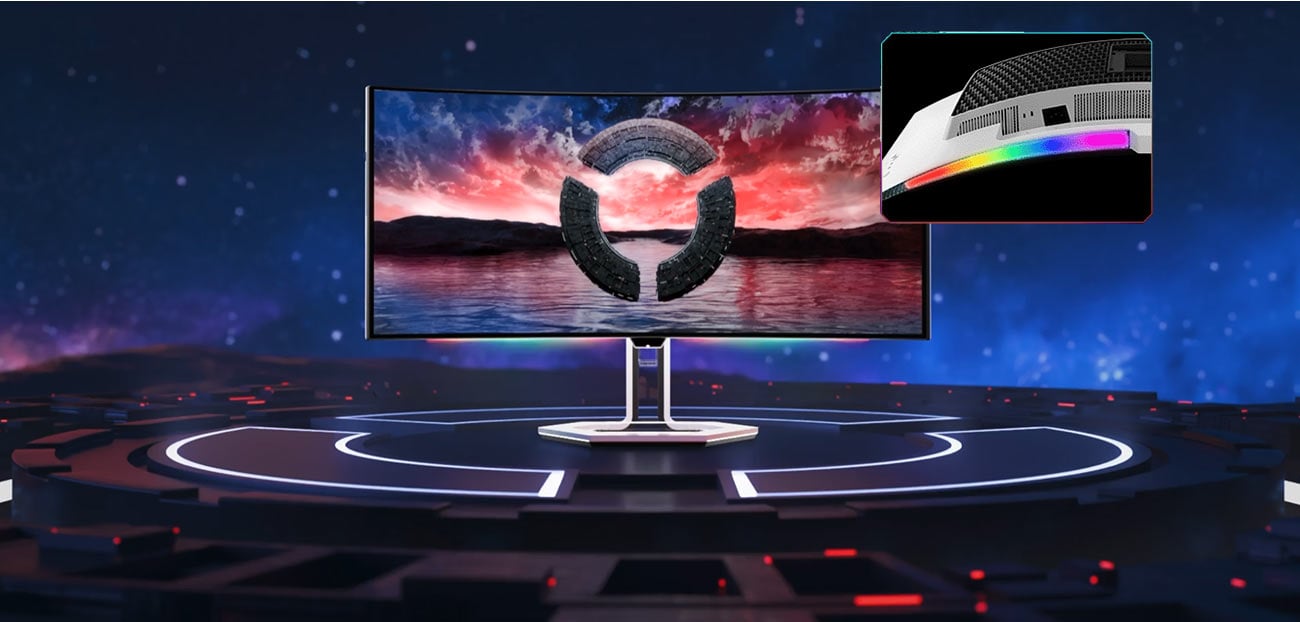 Monitor Lenovo Legion Pro 34WD-10 z kolorową tapetą na ekranie, widoczne podświetlenie sRGB (standard Red, Green, Blue)