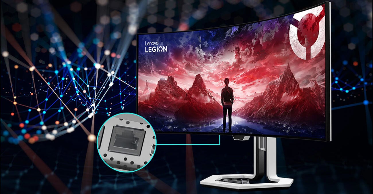 Monitor Lenovo Legion Pro 34WD-10 z wizualizacją gry komputerowej na ekranie, obok miniaturka zdjęcia portu ethernet