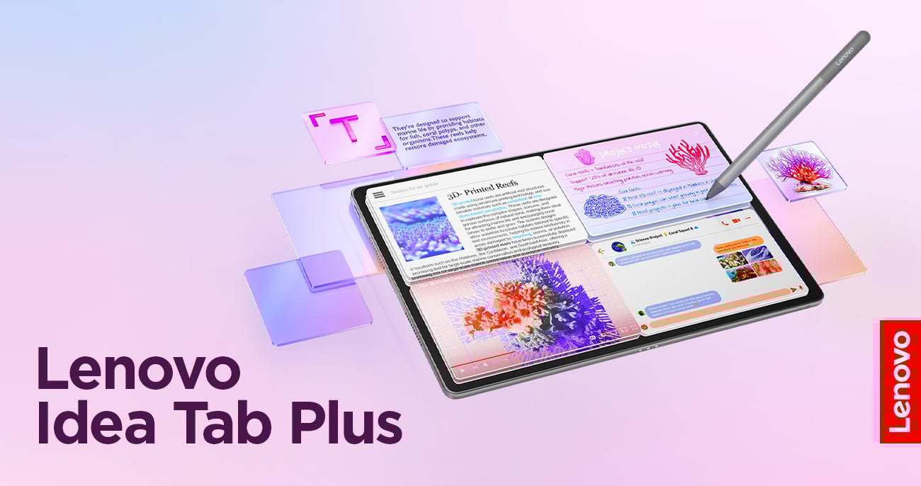 Tablet Lenovo Idea Tab Plus, na ekranie uruchomione aplikacje, obok rysik
