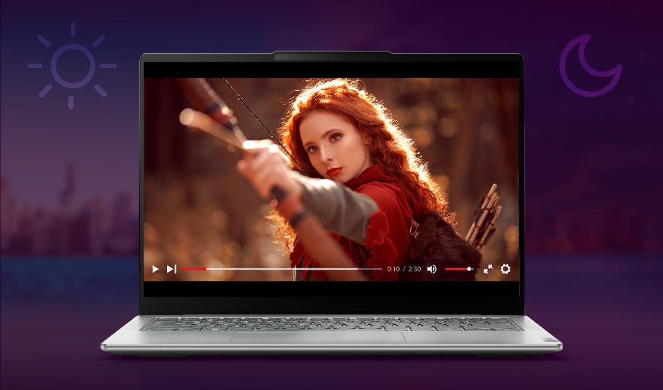 Otwarty laptop Yoga Slim 7i na granatowym tle, na ekranie scena z filmu, widoczna młoda dziewczyna z łukiem