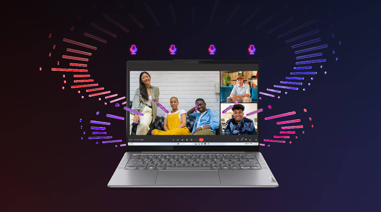 Otwarty laptop Yoga Slim 7i, na ekranie podglądy osób które biorą udział w wideorozmowie, w tle kolorowe elementy graficzne przypominające fale dźwiękowe