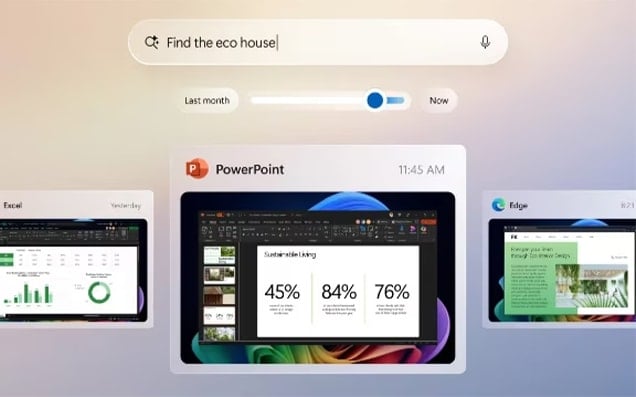 Widok interfejsu użytkownika systemu operacyjnego z otwartymi oknami aplikacji Excel, PowerPoint i Edge, z polem wyszukiwania zawierającym tekst 'Find the eco house' oraz suwakiem czasu.