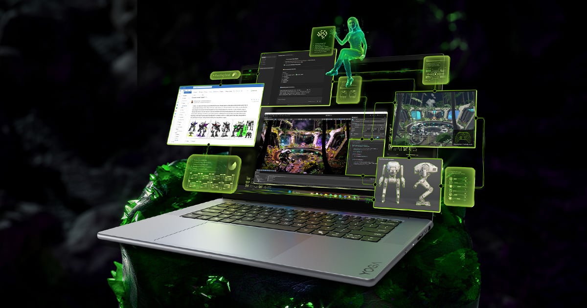 Laptop Lenovo Yoga na mrocznym tle z wyświetlonymi hologramami interfejsów projektowych i postacią.