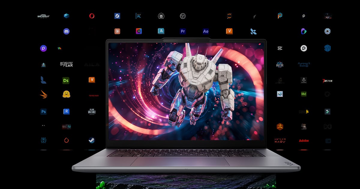 Laptop z wyświetloną grafiką robota na tle licznych ikon aplikacji i gier na czarnym tle.