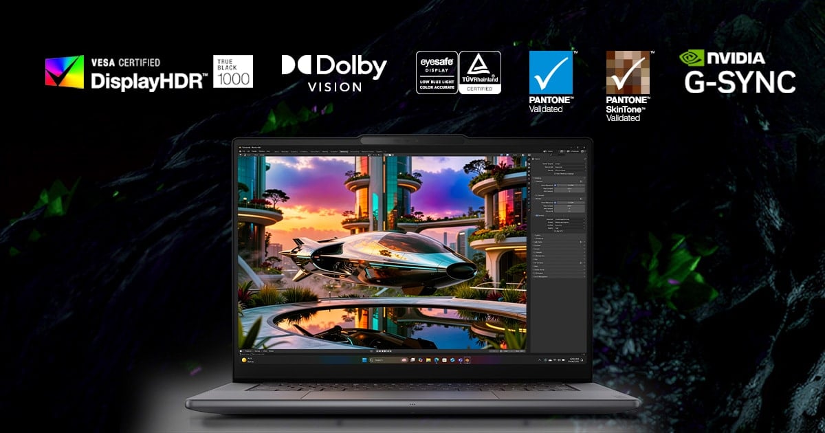 Laptop z wyświetlaczem prezentującym certyfikaty jakości obrazu, w tym Dolby Vision i NVIDIA G-SYNC.