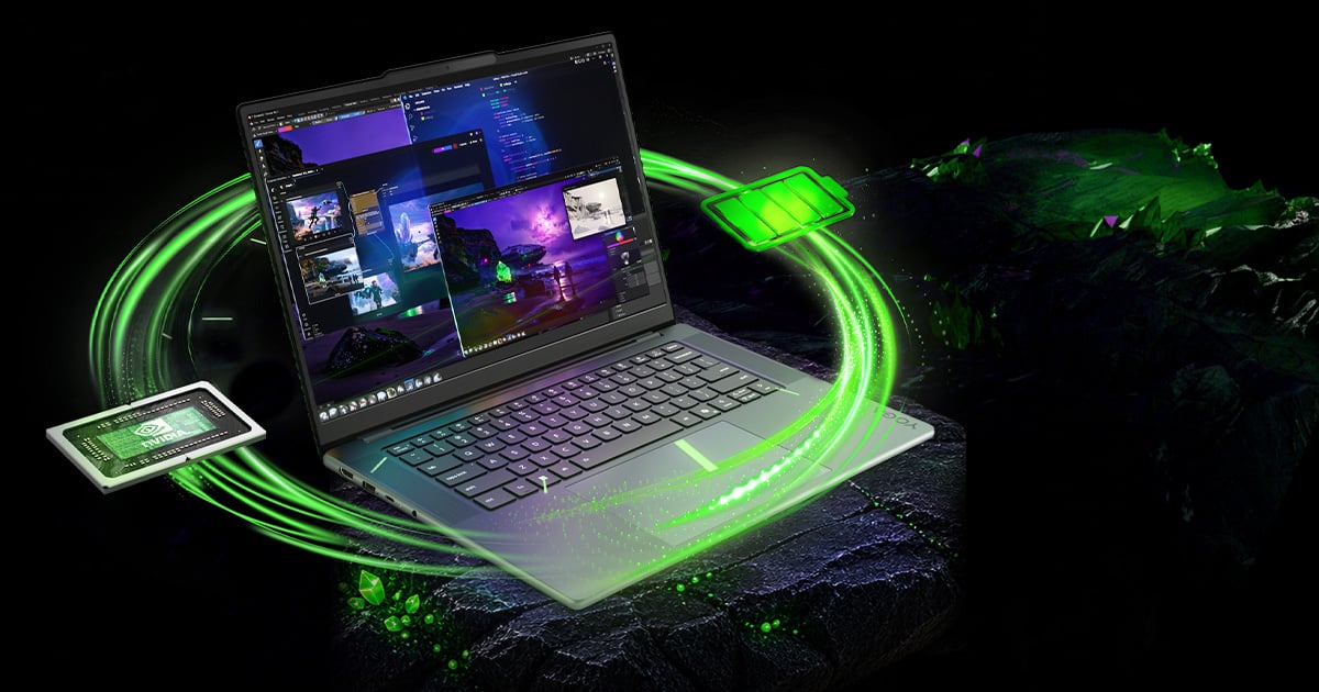 Laptop z podświetleniem w kształcie baterii i układem graficznym NVIDIA na ciemnym tle.