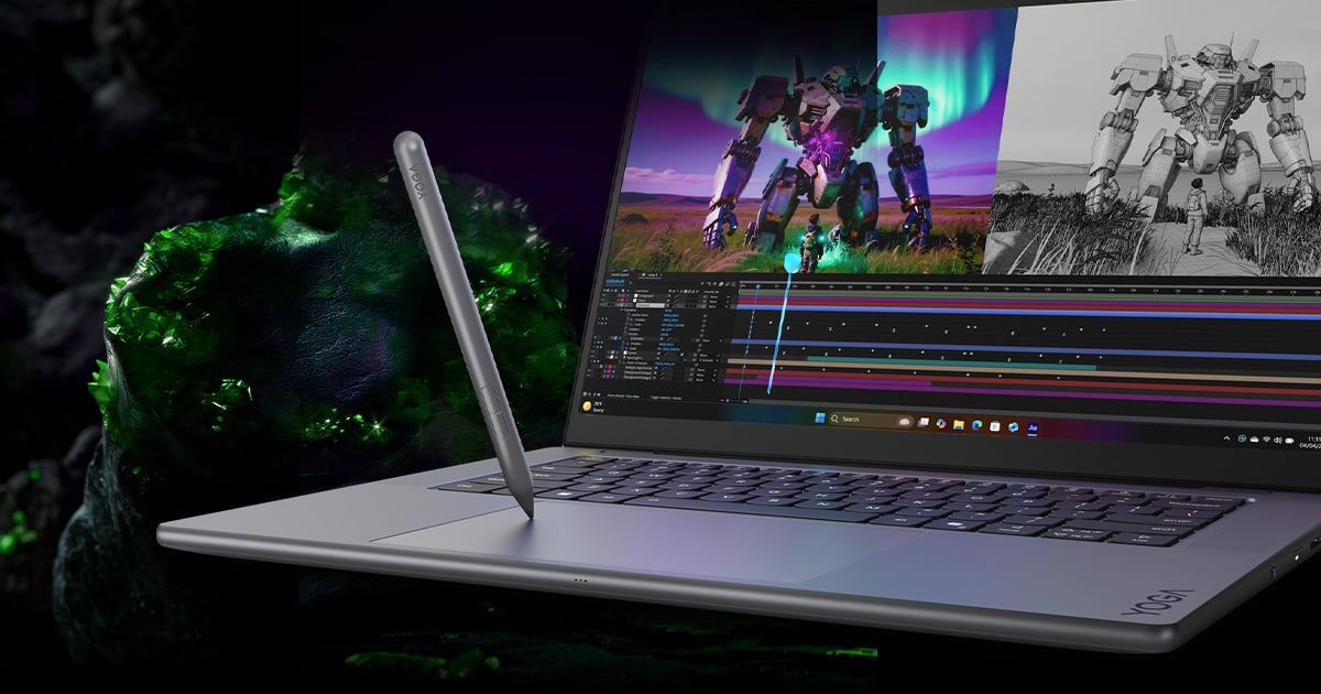 Laptop Lenovo Yoga z rysikiem na tle abstrakcyjnej, zielonej formacji skalnej.