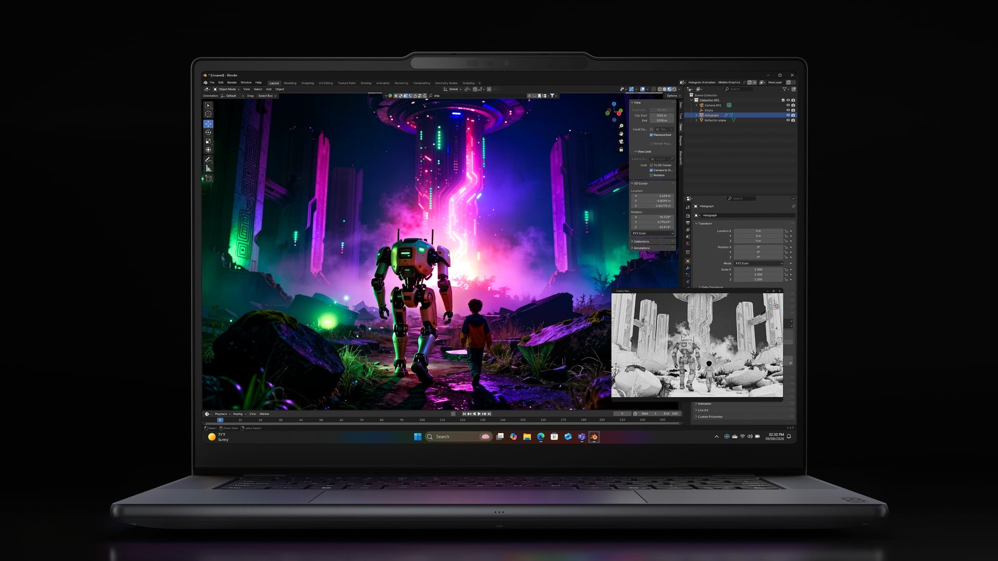 Widok z przodu na laptopa z uruchomionym programem Blender na ekranie, na czarnym tle.