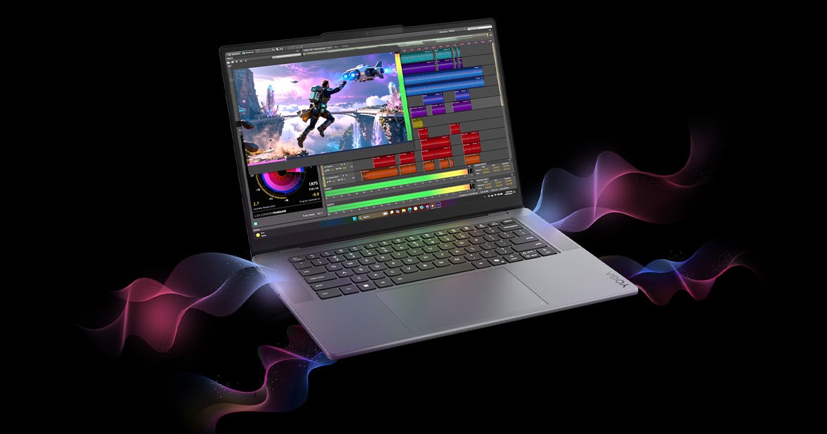 Laptop Lenovo Yoga z otwartą klapą, wyświetlający oprogramowanie do edycji wideo na czarnym tle.