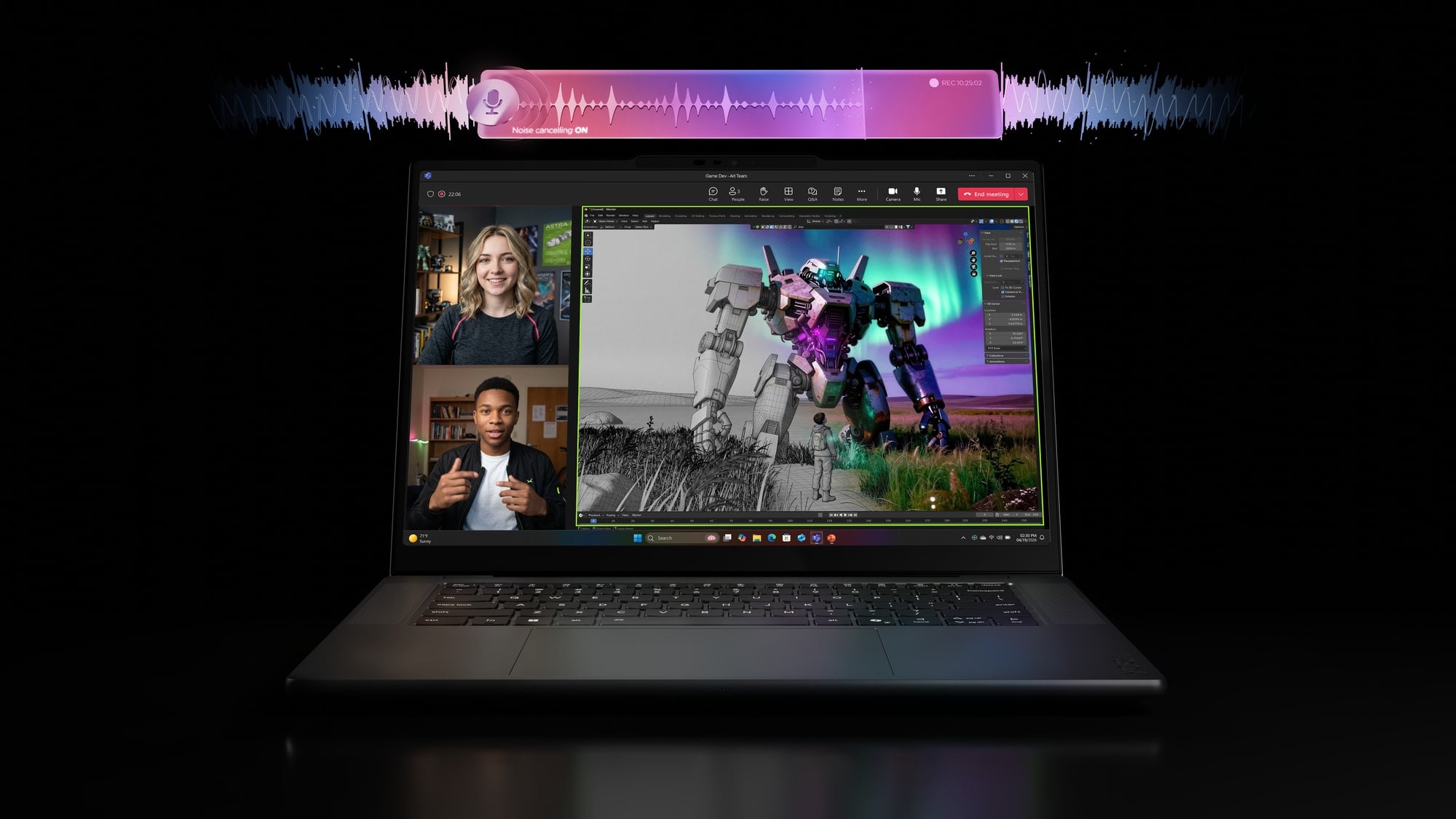 Laptop z otwartym oknem wideokonferencji i wizualizacją dźwięku na czarnym tle.
