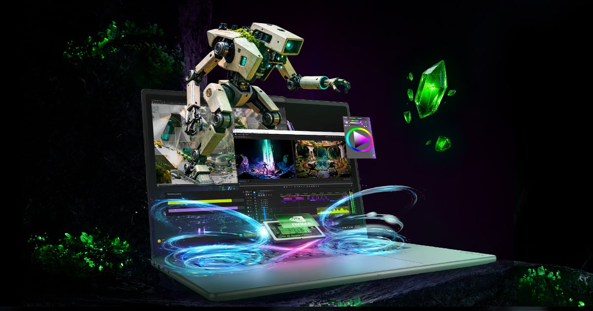 Laptop z wyświetlonym oprogramowaniem graficznym, otoczony fantastycznymi efektami wizualnymi i robotem.