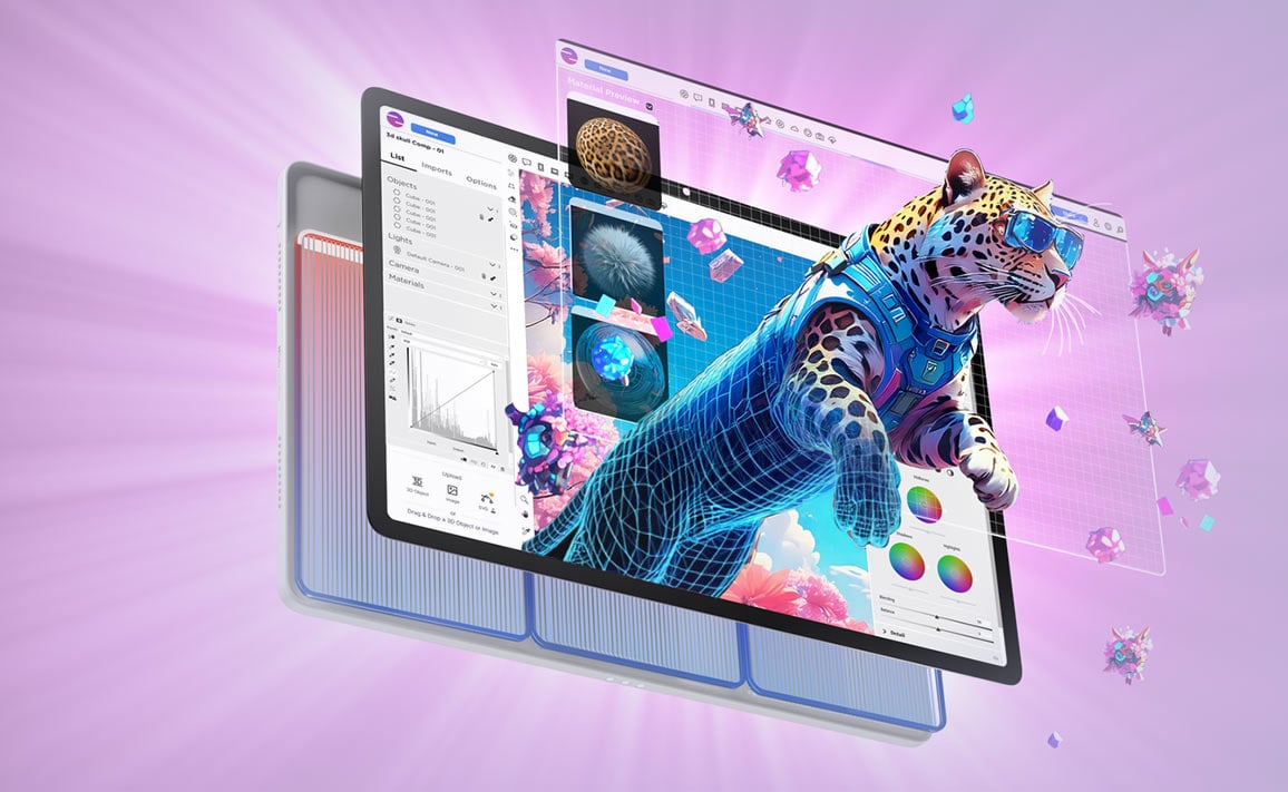 Tablet Yoga Tab, na ekranie otwarta aplikacja do edycji obrazów i rysunkowa postać biegn��cego tygrysa 