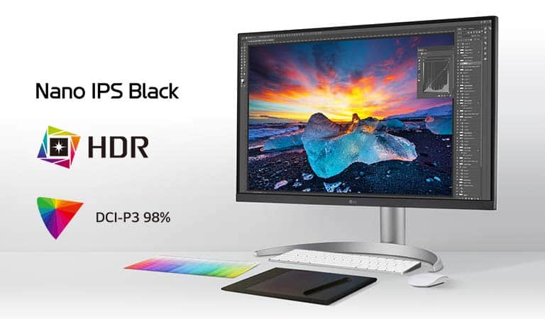 27-calowy wyświetlacz UHD 4K (3840x2160) Nano IPS Black zapewnia wyjątkowy obraz i dokładne odwzorowanie kolorów dzięki DCI-P3 98% (typ.).