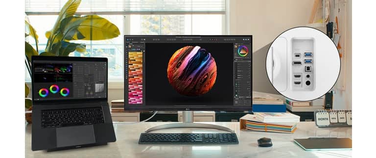 LG UltraFine™ jest kompatybilny z wieloma typami urządzeń dzięki złączom takim jak: USB Type-C™, DisplayPort, HDMI oraz dwóm złączom USB.