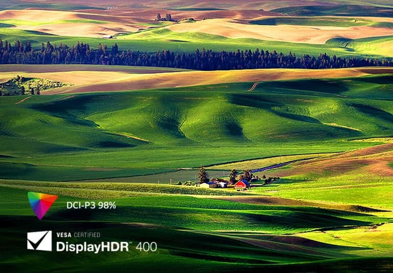 VESA DisplayHDR™ 400 pozwala cieszyć się wyraźnymi i realistycznymi kolorami do 98% DCI-P3.