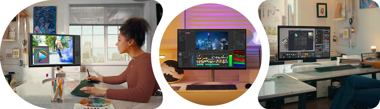 Scena z Photoshopa, streamingu i edycji wideo z 32UQ850V.