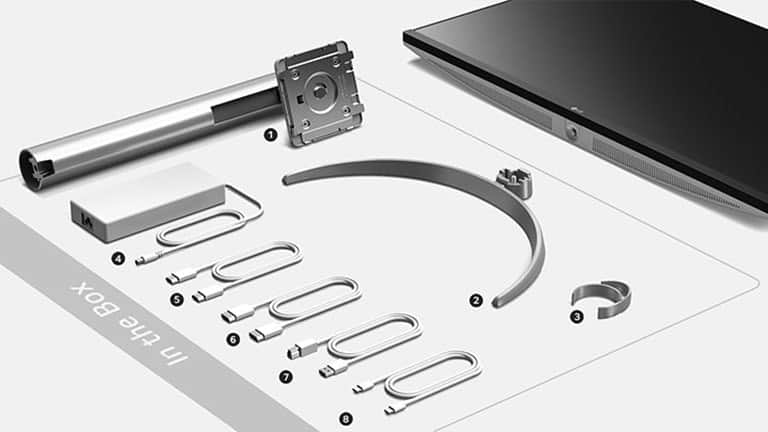 Zawartość opakowania 32UQ850V (1. Podstawka 2. Podstawa stojaka 3. Uchwyt na kabel 4. Zasilacz 5. Kabel HDMI 6. Kabel DP 7. Kabel USB A do B 8. Kabel USB C do C)