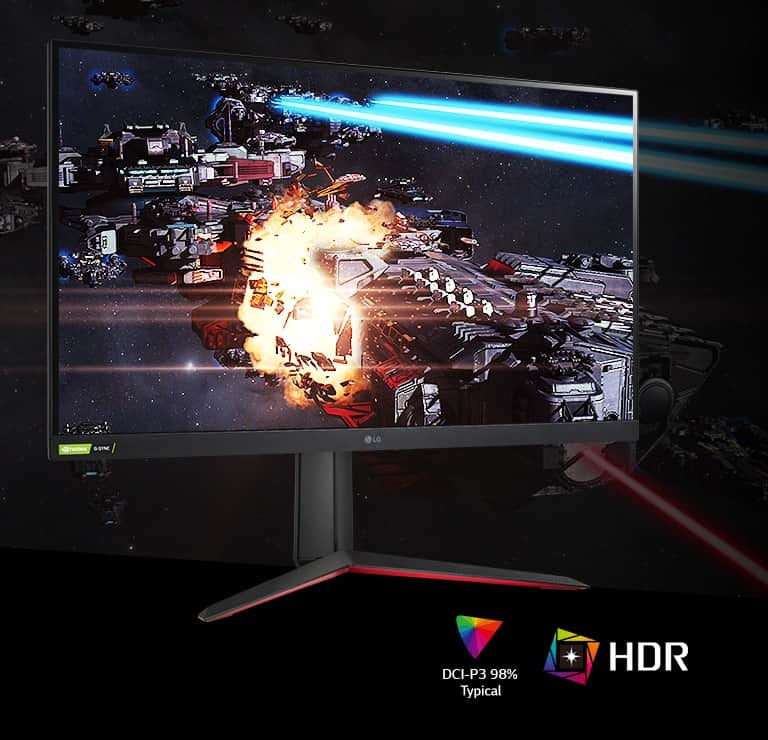 Scena z gry o bogatej szacie kolorystycznej i z wysokim kontrastem na monitorze obsługującym HDR10 i pokrywającym 98% palety DCI-P3 (typ.)