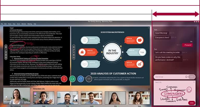 Większa przestrzeń ekranu UltraWide o proporcjach 21:9 w porównaniu do ekranu 16:9. Na ekranie widać trwające webinarium.