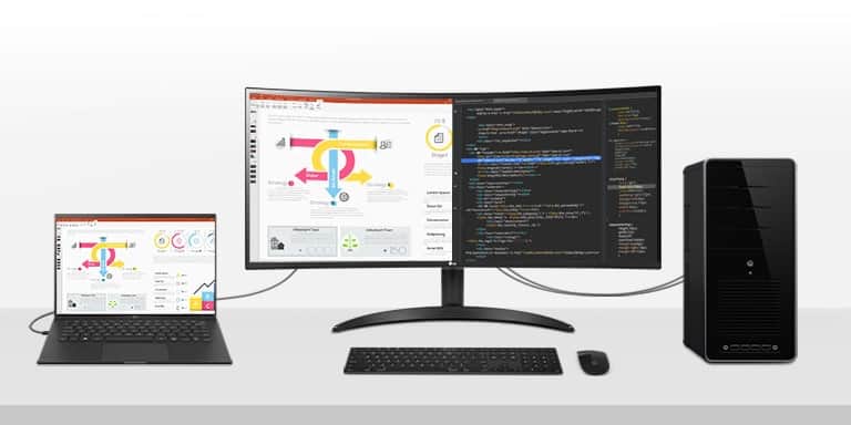 Ten monitor umożliwia wyświetlanie wielu obrazów z dwóch komputerów dzięki funkcji Picture By Picture, co pomaga w wydajnym wykonywaniu pracy.