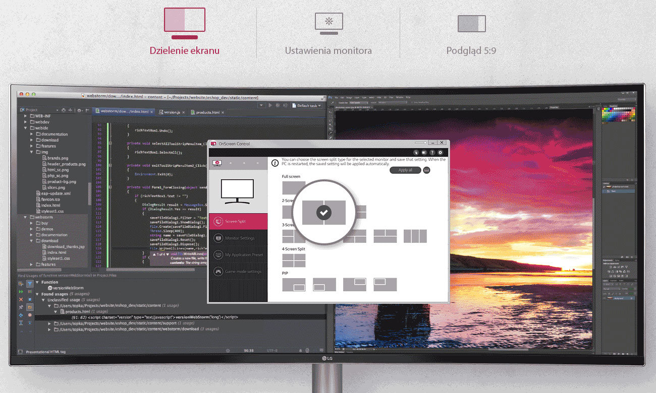 LG 38WK95C-W Łatwa konfiguracja ustawień obrazu OnScreen Control