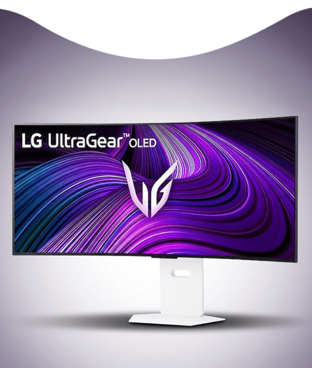Zakrzywiony monitor LG UltraGear OLED (Organic Light Emitting Diode) na białej podstawie z fioletową grafiką na ekranie