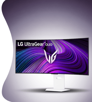 Zakrzywiony monitor LG UltraGear OLED (Organic Light Emitting Diode) na białej podstawie z fioletową grafiką na ekranie