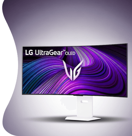 Zakrzywiony monitor LG UltraGear OLED (Organic Light Emitting Diode) na białej podstawie z fioletową grafiką na ekranie