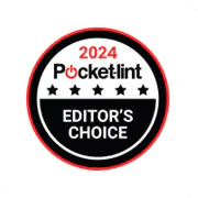 Okrągły logotyp nagrody Pocket-lint Editor's Choice 2024 z pięcioma gwiazdkami na biało-czarnym tle