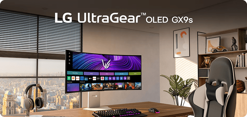 Monitor LG UltraGear OLED GX9s (Organic Light Emitting Diode) na biurku z menu Smart TV i logotypem