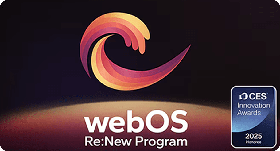 Kolorowa fala nad napisem webOS Re:New Program. Obok logotyp CES (Consumer Electronics Show) Innovation Awards 2025.