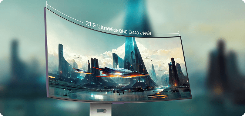 Zakrzywiony ekran monitora z napisem 21:9 UltraWide QHD (Quad High Definition) (3440 x 1440) wyświetlający grafikę sci-fi