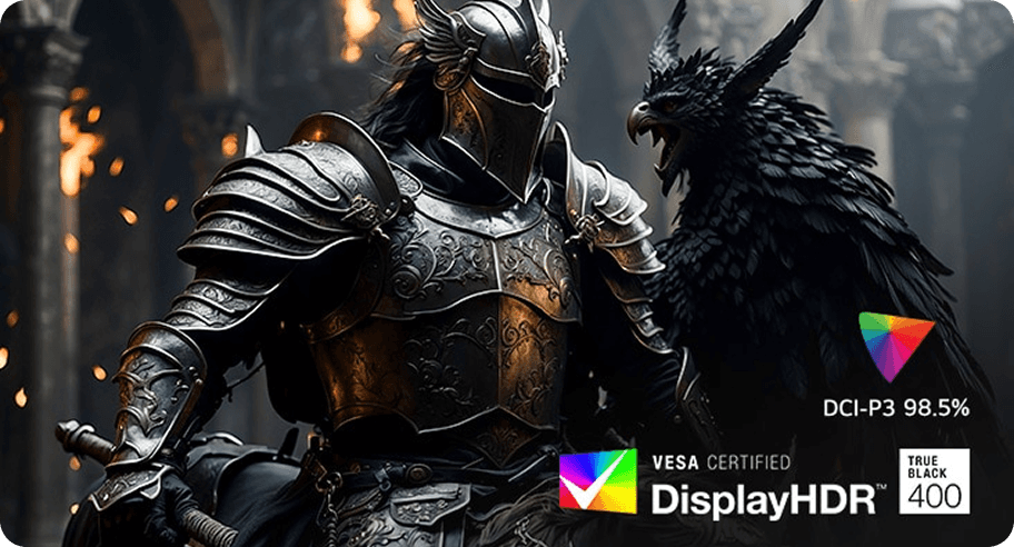 Grafika z rycerzem. DCI-P3 (Digital Cinema Initiatives) 98.5%, VESA Certified DisplayHDR (High Dynamic Range) True Black 400