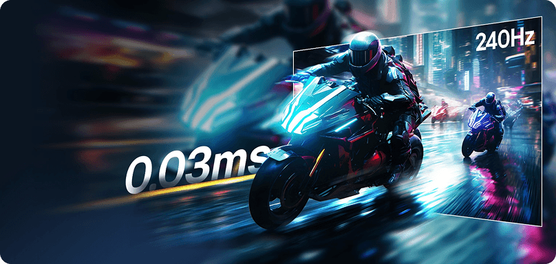 Motocyklista w kasku wyjeżdża z ekranu z napisem 240Hz (Hertz) i 0.03 ms (milisekundy) określającym czas reakcji