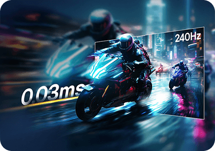 Motocyklista w kasku wyjeżdża z ekranu z napisem 240Hz (Hertz) i 0.03 ms (milisekundy) określającym czas reakcji