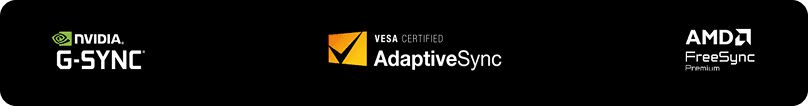 Logotypy NVIDIA G-SYNC, VESA (Video Electronics Standards Association) AdaptiveSync i AMD (Advanced Micro Devices) FreeSync