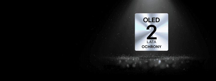 Srebrne oznaczenie gwarancji OLED (Organic Light Emitting Diode) 2 Lata Ochrony na czarnym tle