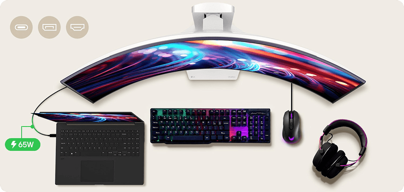 Zakrzywiony monitor LG połączony z laptopem kablem USB-C (Universal Serial Bus Type C) 65W (Wat), obok trzy ikony złączy