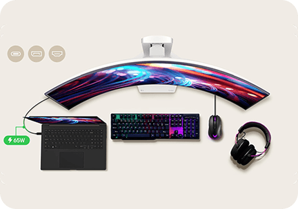 Zakrzywiony monitor LG połączony z laptopem kablem USB-C (Universal Serial Bus Type C) 65W (Wat), obok trzy ikony złączy